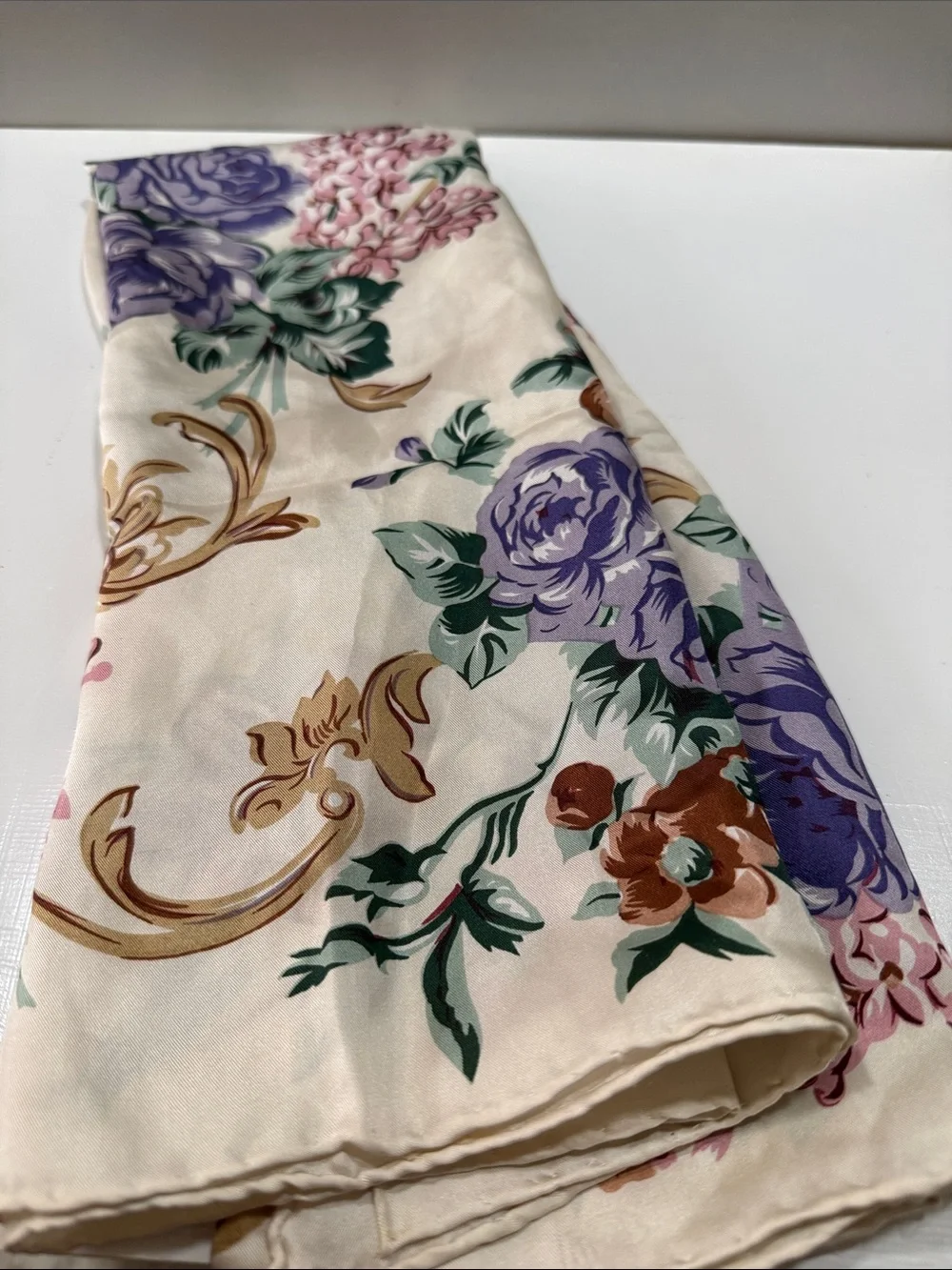 Floral Cream Silk Scarf with Purple & Pink Brown Blooms Roses 🌹vintage
